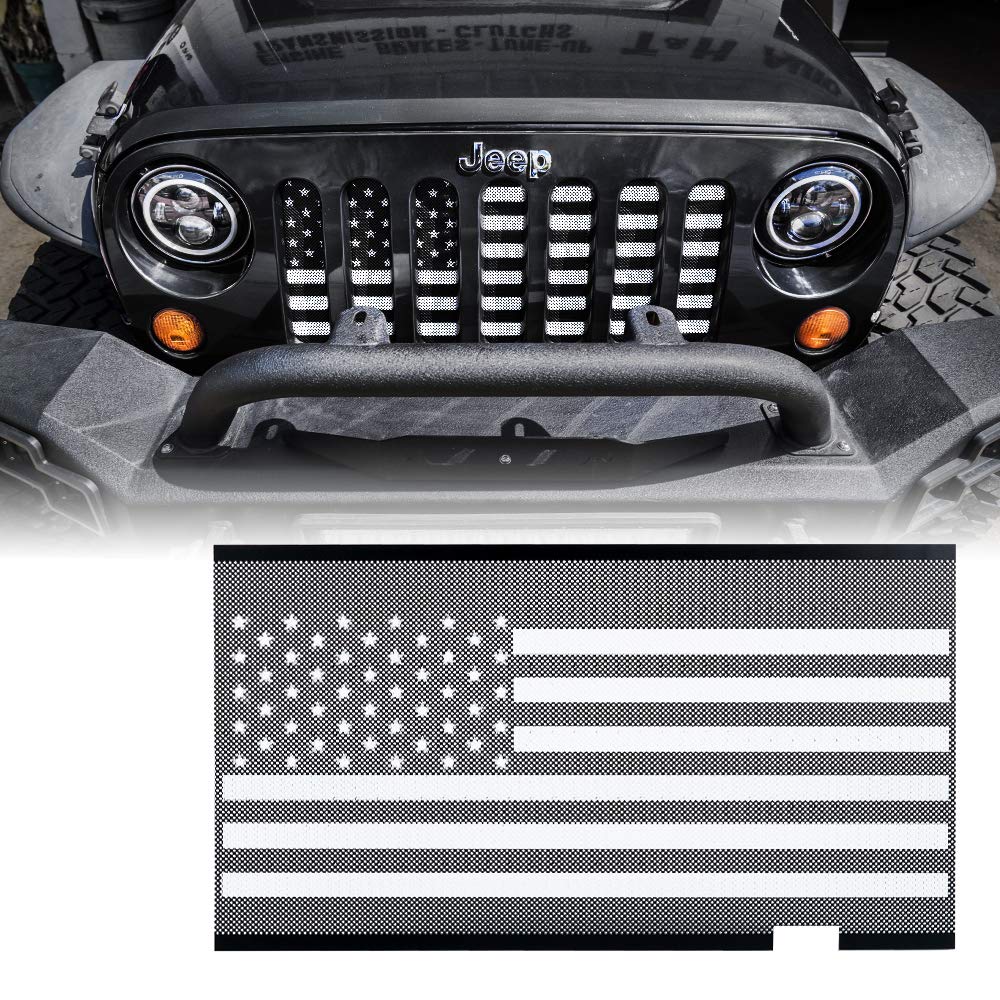 Xprite front view showing black and white flag grill insert enhancing Jeep look