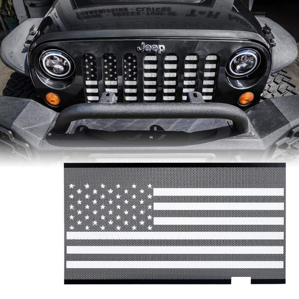 Xprite front view showing black and white flag grill insert enhancing Jeep look