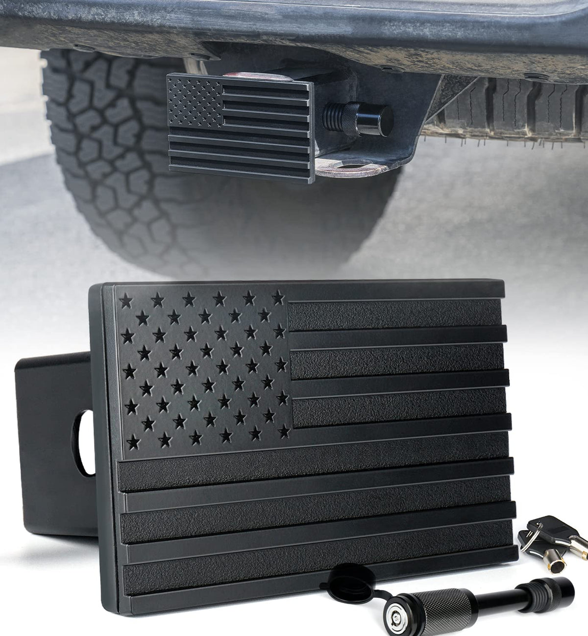 Xprite front view of aluminum hitch cover showing flag emblem and durable finish