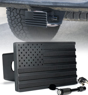 Xprite front view of aluminum hitch cover showing flag emblem and durable finish