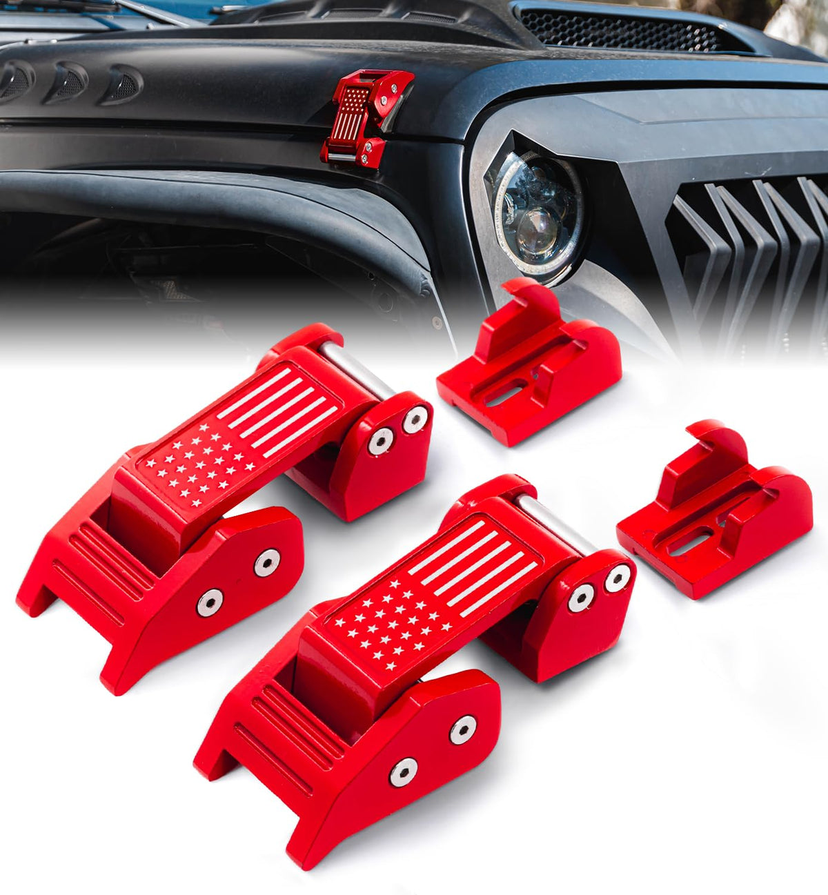 Xprite red U.S. flag hood latches front view showing bold styling and improved appearance