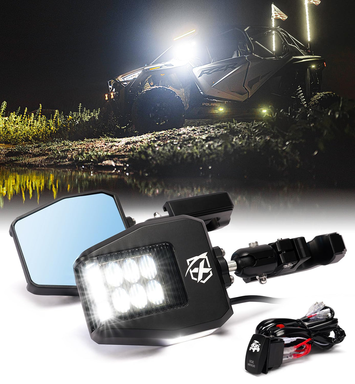 Xprite front view mirrors on roll cage showing durable design and improved rear visibility