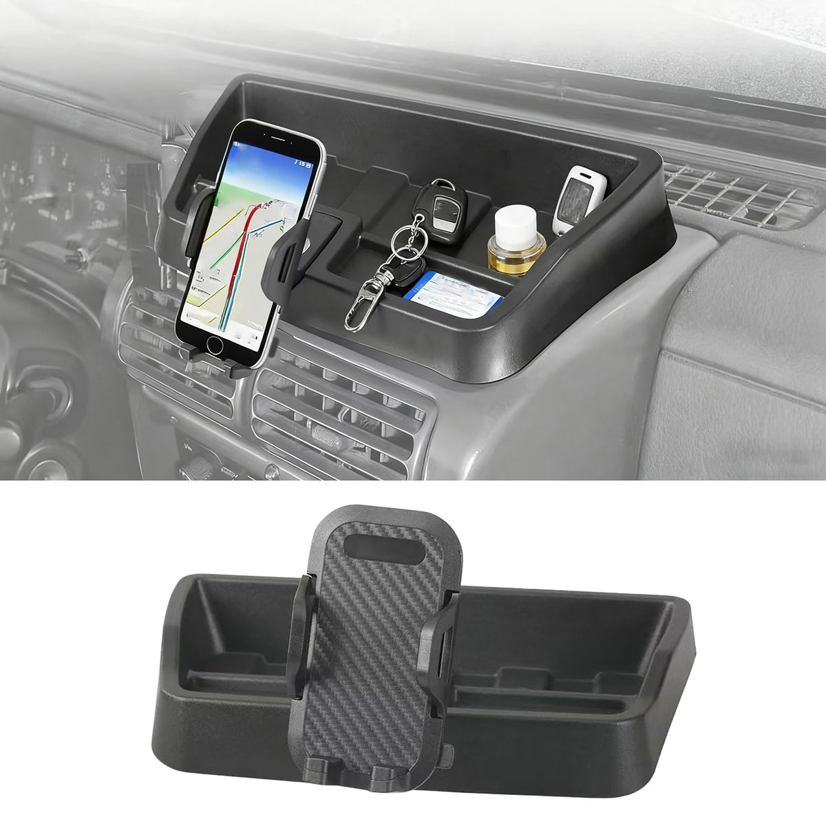 XQTMYHAL front view of TJ phone mount shows clean dashboard integration and improved organization