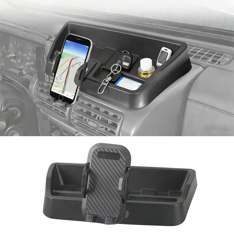 XQTMYHAL front view of TJ phone mount shows clean dashboard integration and improved organization