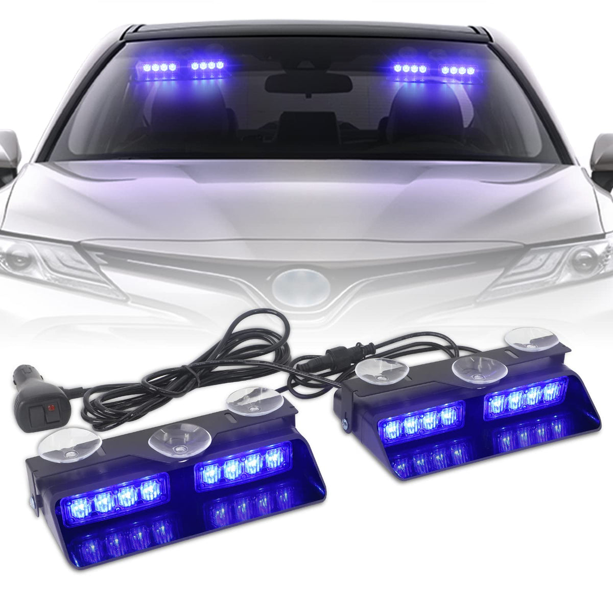 XRIDONSEN front view of dash strobe showing compact housing and bright blue LEDs for visibility