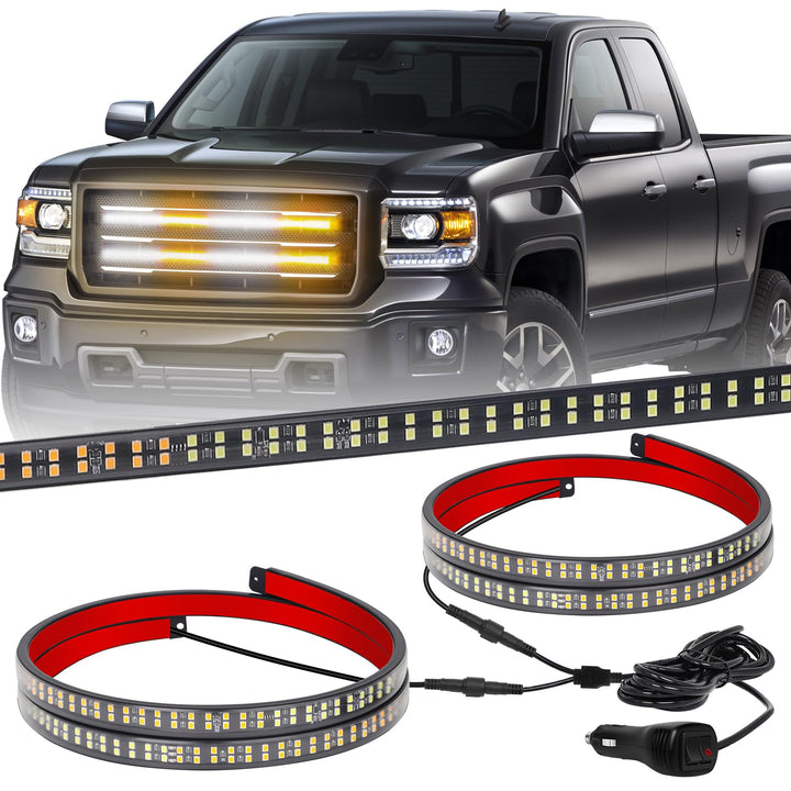 XRIDONSEN front view of 24-inch dual-color strobe strips showing product layout and benefit of compact warning lights