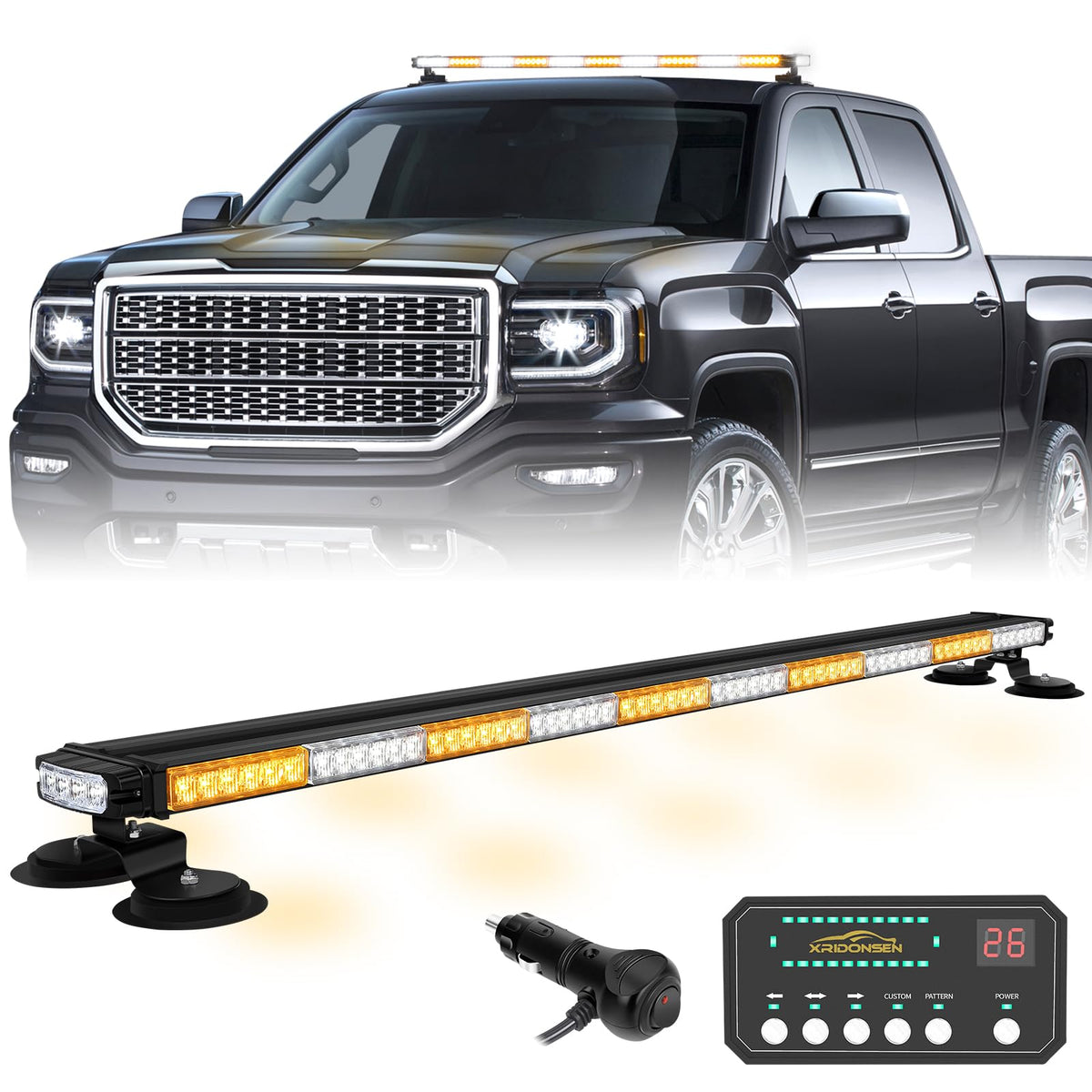 XRIDONSEN front profile light bar showing amber white beams for clearer visibility