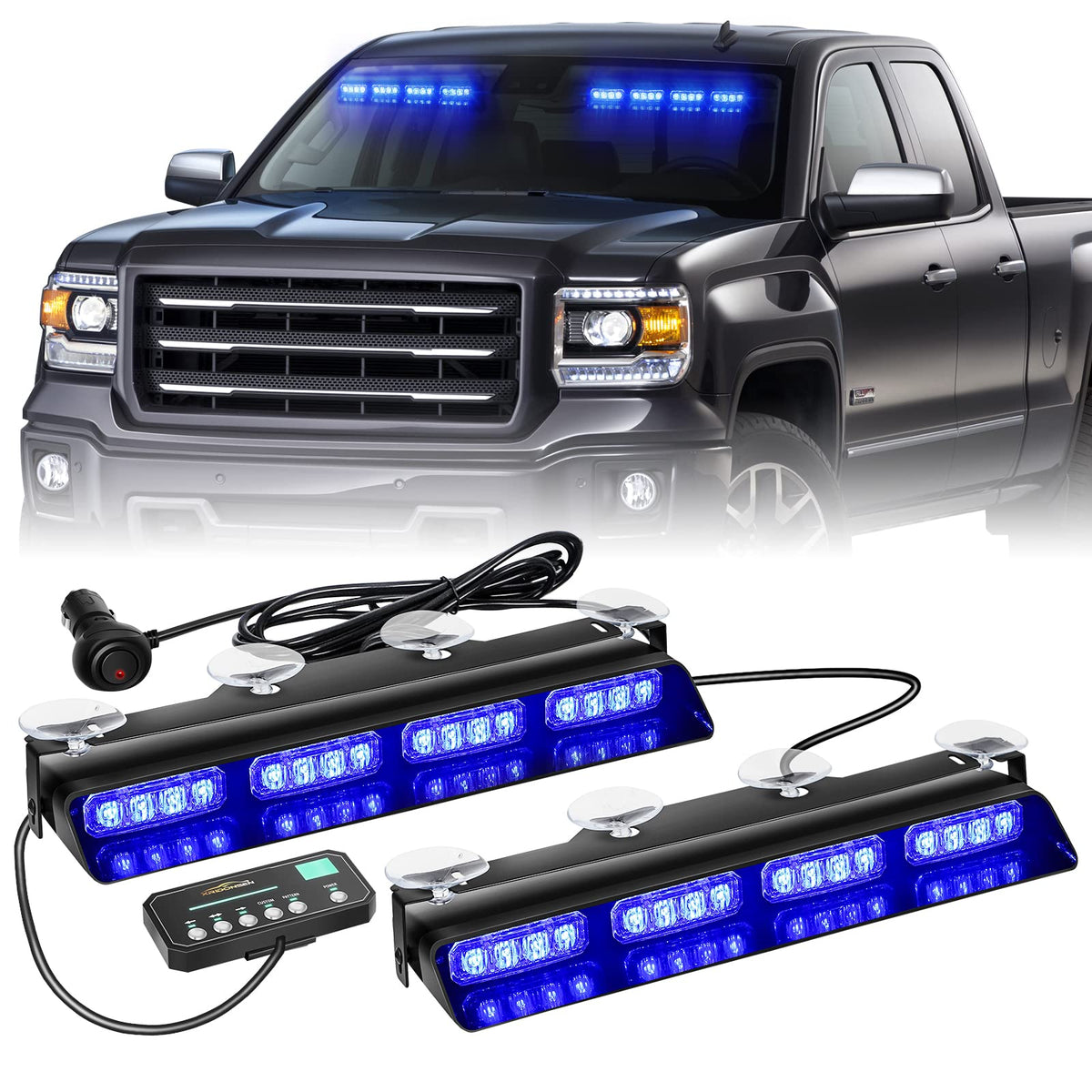 XRIDONSEN front view of 14-inch blue strobe bar showing bright LEDs for enhanced visibility