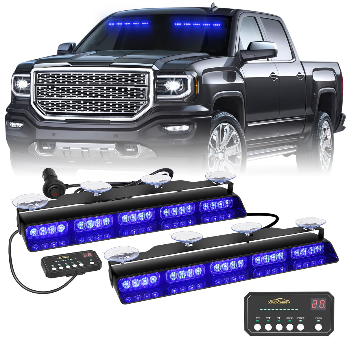 XRIDONSEN front view of 17-inch blue dual bar showing bright LEDs and improved visibility