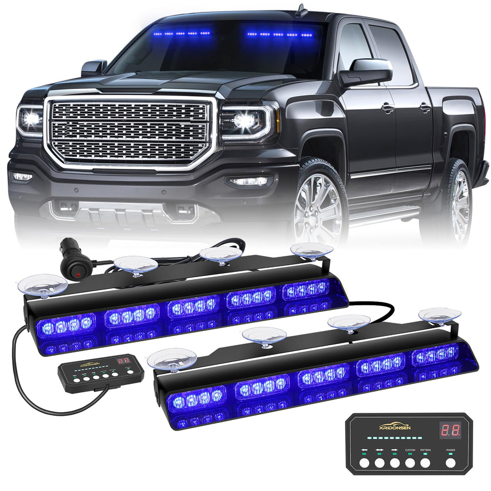 XRIDONSEN front view of 17-inch blue dual bar showing bright LEDs and improved visibility