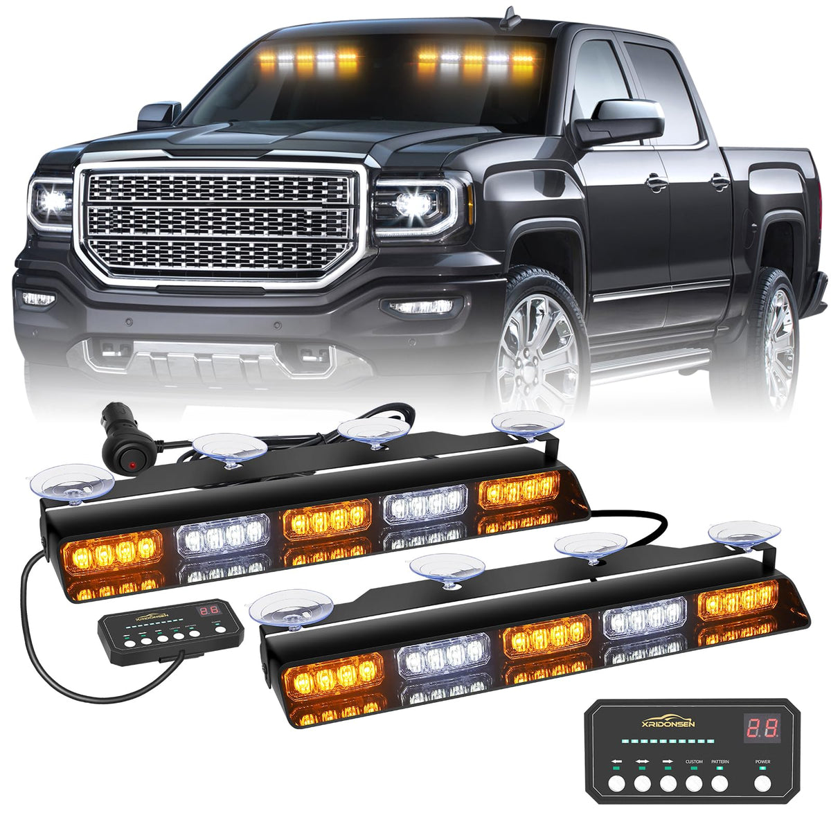 XRIDONSEN front view of 17-inch dash strobe highlighting bright LED array and visibility