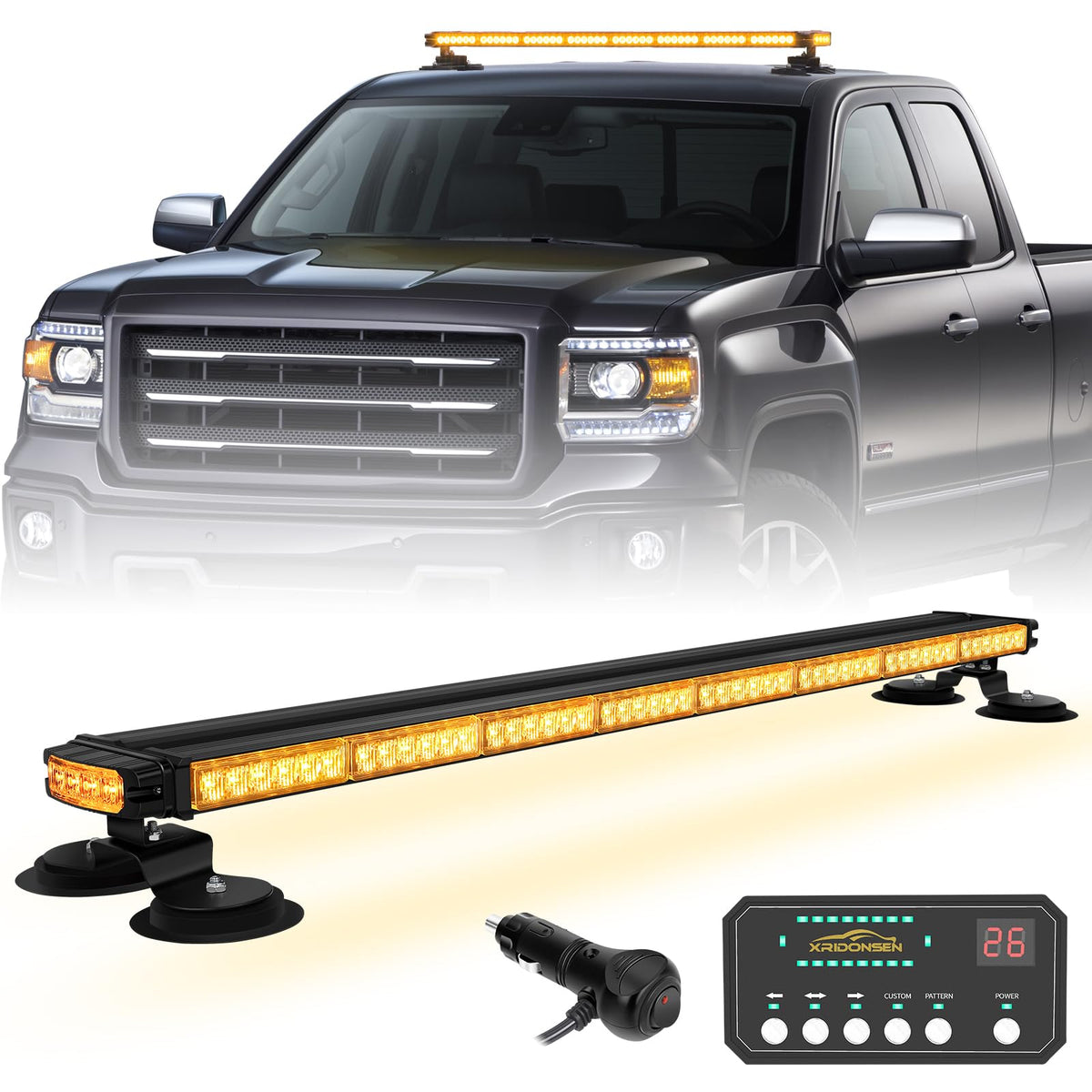 XRIDONSEN front view of amber strobe bar showing full-length visibility