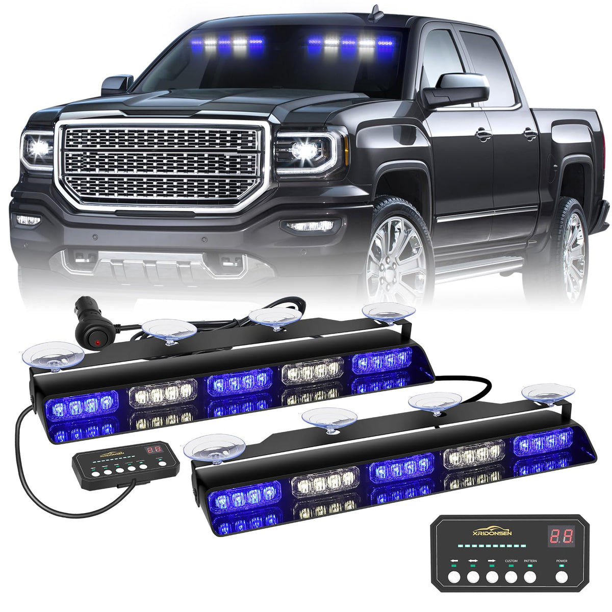 XRIDONSEN front view of dual 17 inch strobes showing bright LEDs and immediate visibility