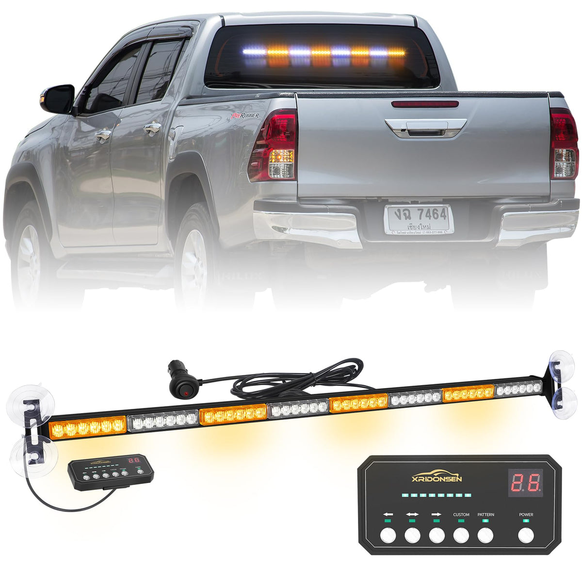 XRIDONSEN front view light bar showing amber and white LEDs for superior roadside visibility