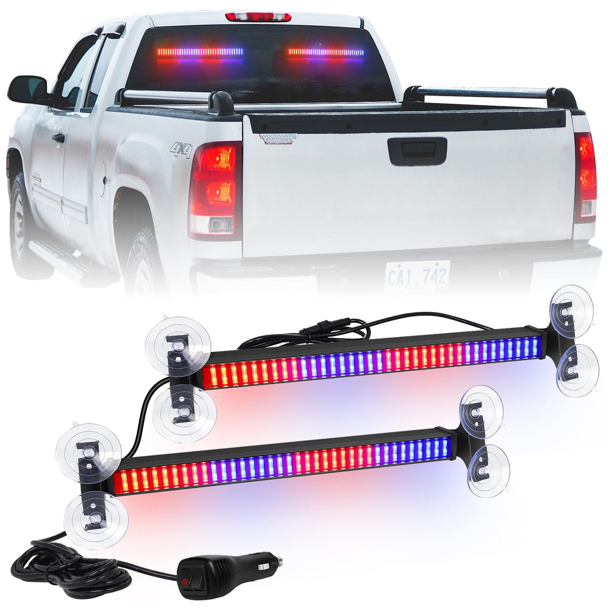 XRIDONSEN front view of light bar showing red and blue strobe brightness for visibility