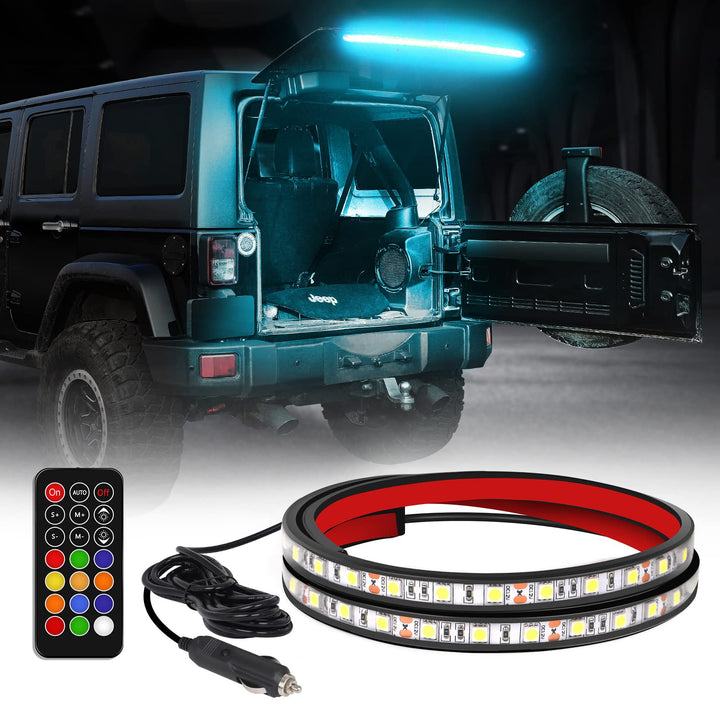 XRIDONSEN front-mounted on Jeep rear glass showing wide light coverage and visibility