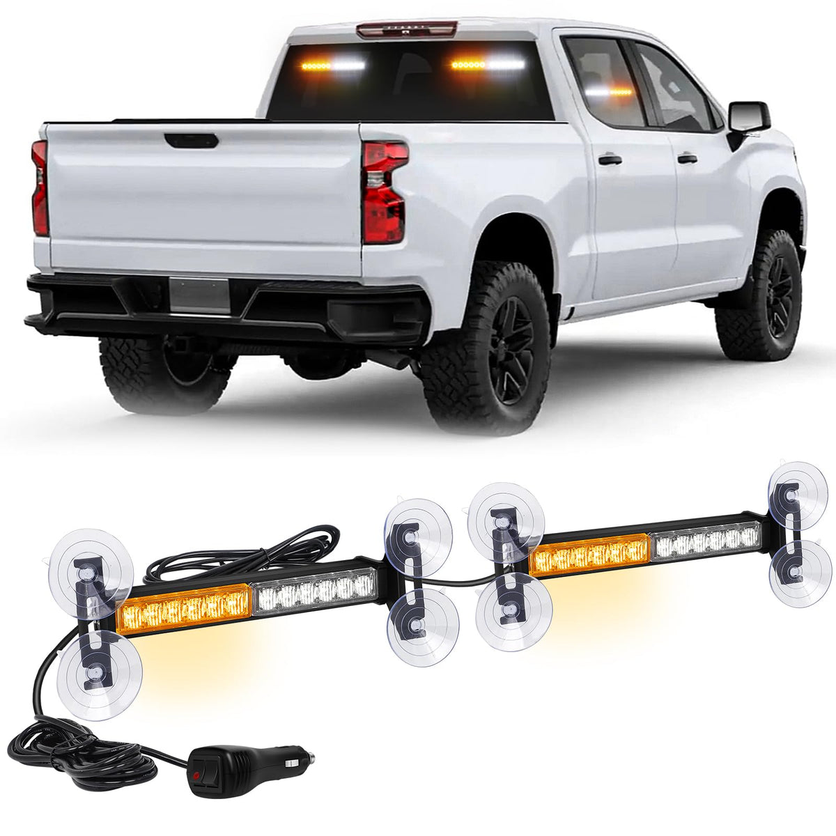 XRIDONSEN front view strobe bar showing amber and white LEDs for increased visibility