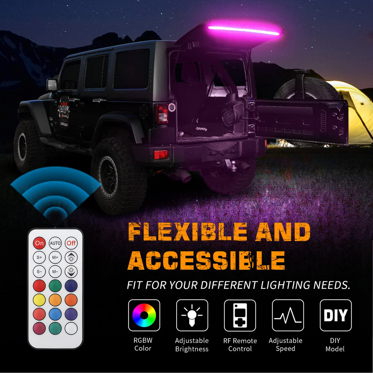 XRIDONSEN Jeep campsite with ambient RGBW lighting enhancing evening outdoor comfort