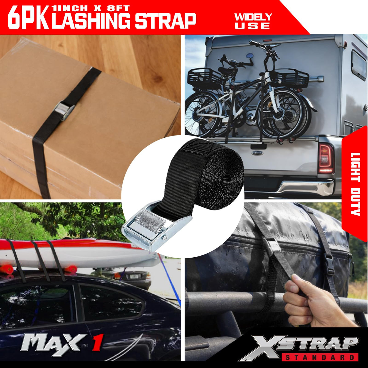 XSTRAP STANDARD cam-buckle close-up showing cast-steel buckle and secure locking benefit