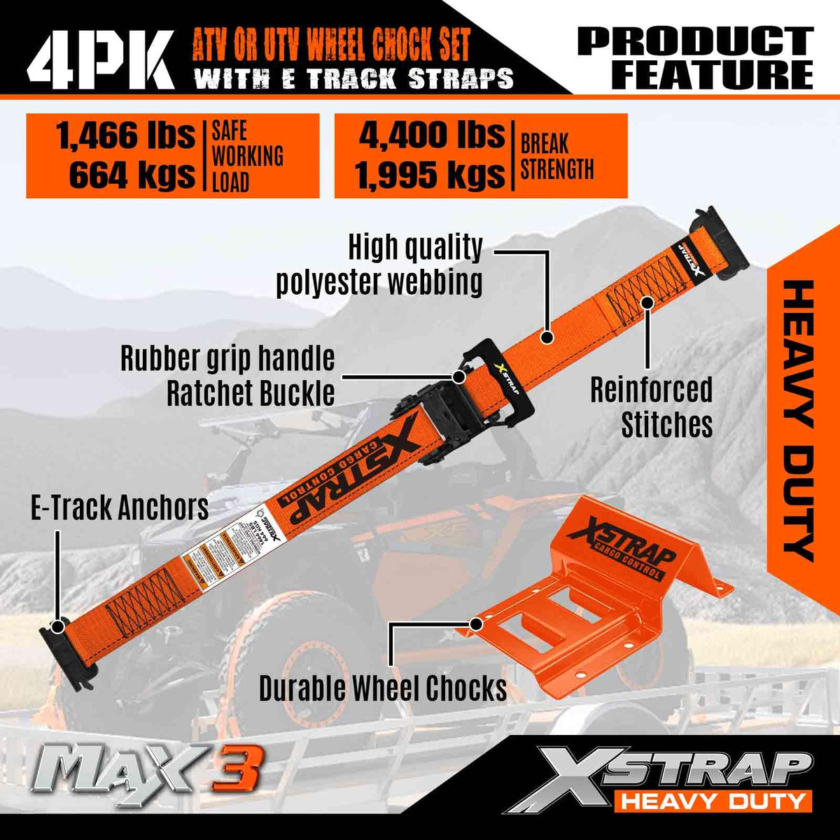 XSTRAP STANDARD strapped over ATV wheel on trailer, prevents vehicle movement