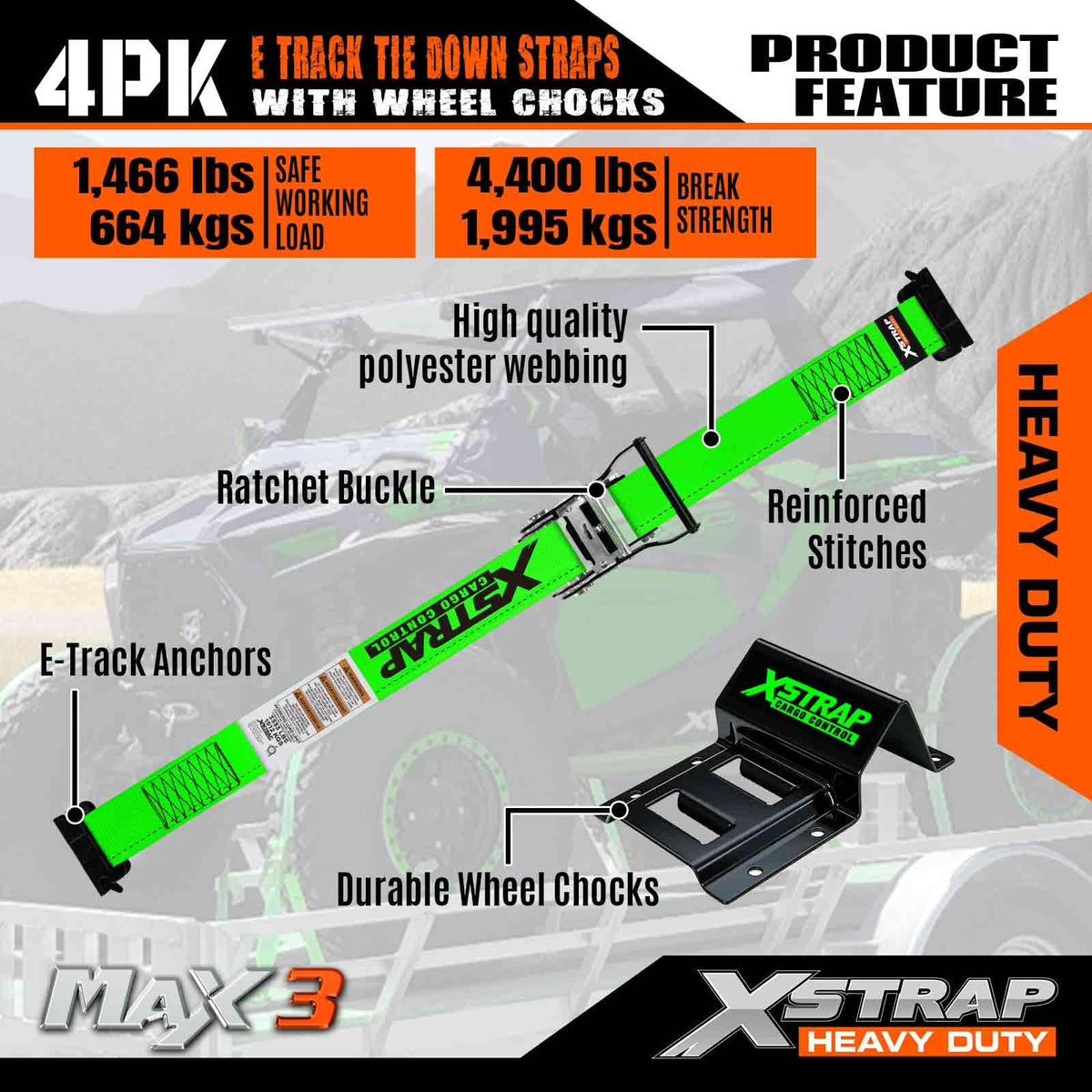 XSTRAP STANDARD strap installed over tire holding vehicle steady on trailer