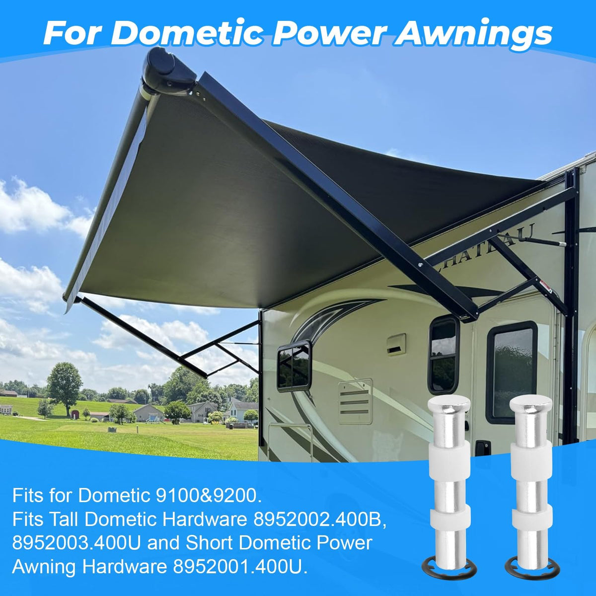 XT kit visible on RV awning arm in campsite scene highlighting reliable performance