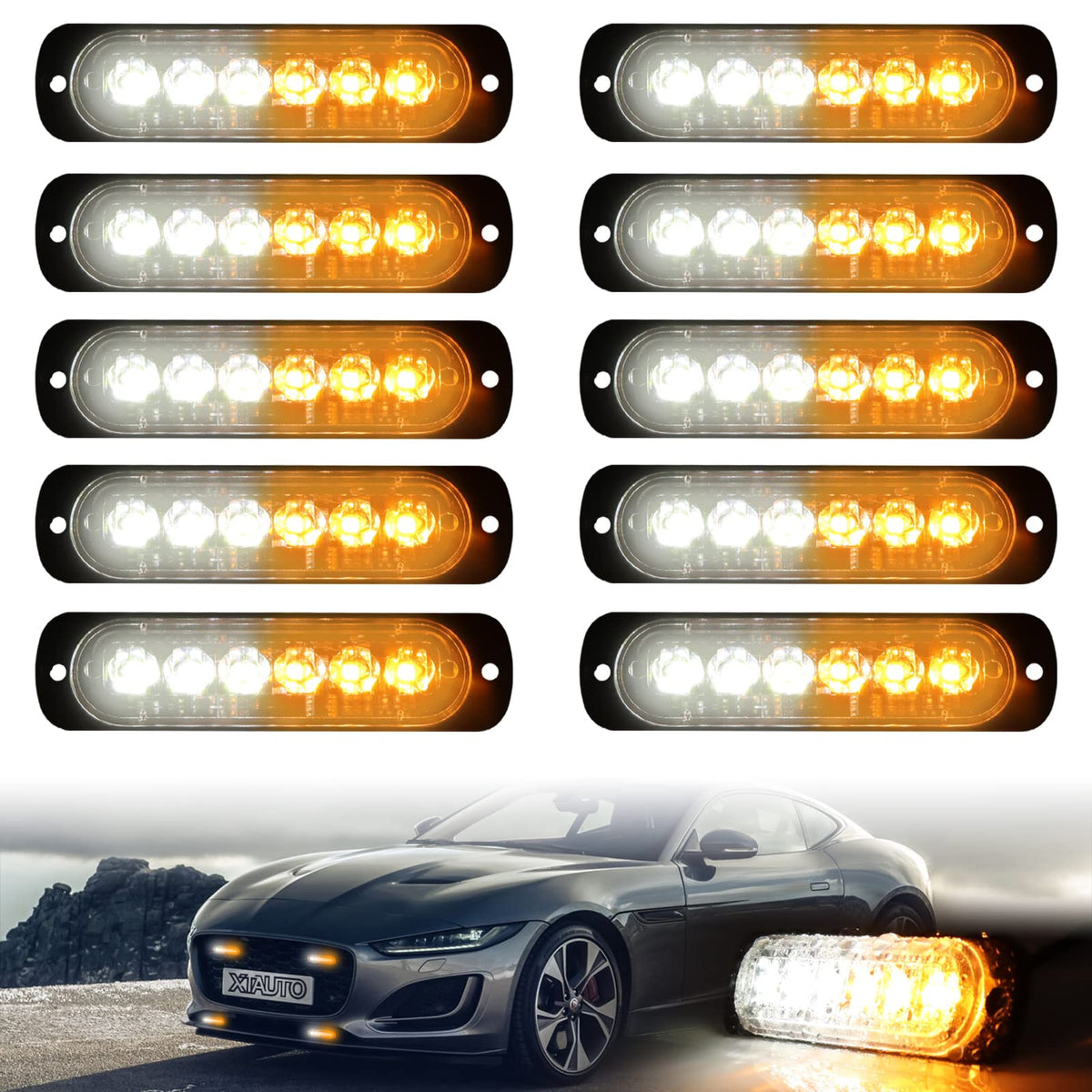 XTAUTO front view strobe bar showing bright lenses for improved road visibility