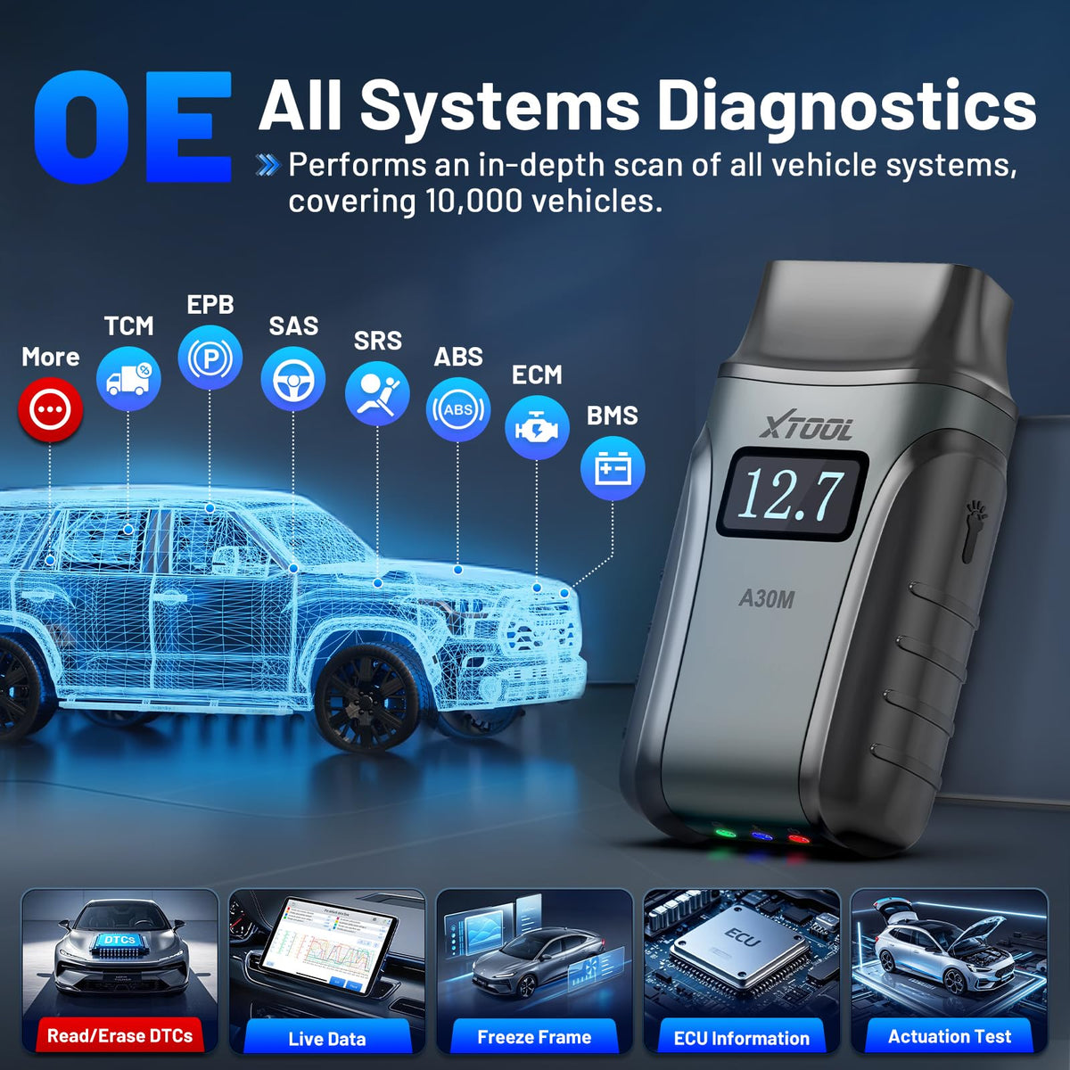XTOOL A30M beside a smartphone showing compact scale and portability for garage use