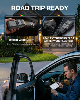 XTOOL VCI dongle with built-in light illuminating a dark port for fast access