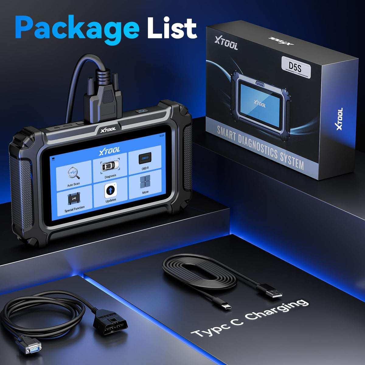 XTOOL D5S retail packaging box highlighting included accessories benefit