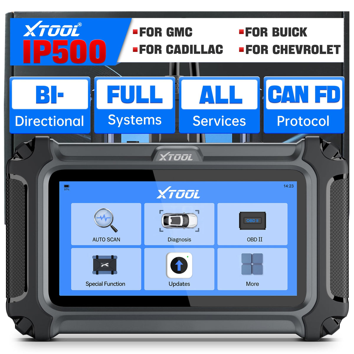XTOOL IP500 front view showing handheld scanner and screen, highlights professional ergonomics