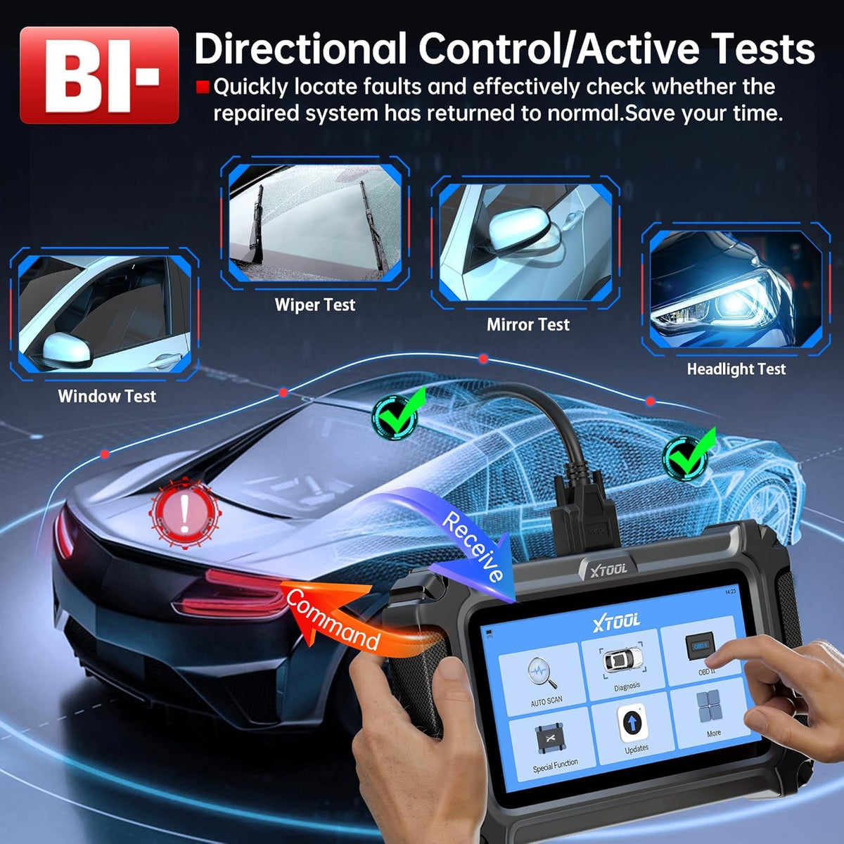 Technician using XTOOL IP500 in vehicle, brand enabling faster troubleshooting