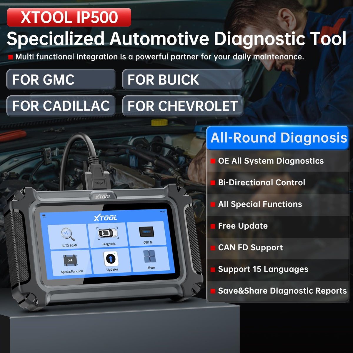 XTOOL IP500 touchscreen closeup displaying menus, clear interface speeds diagnostics