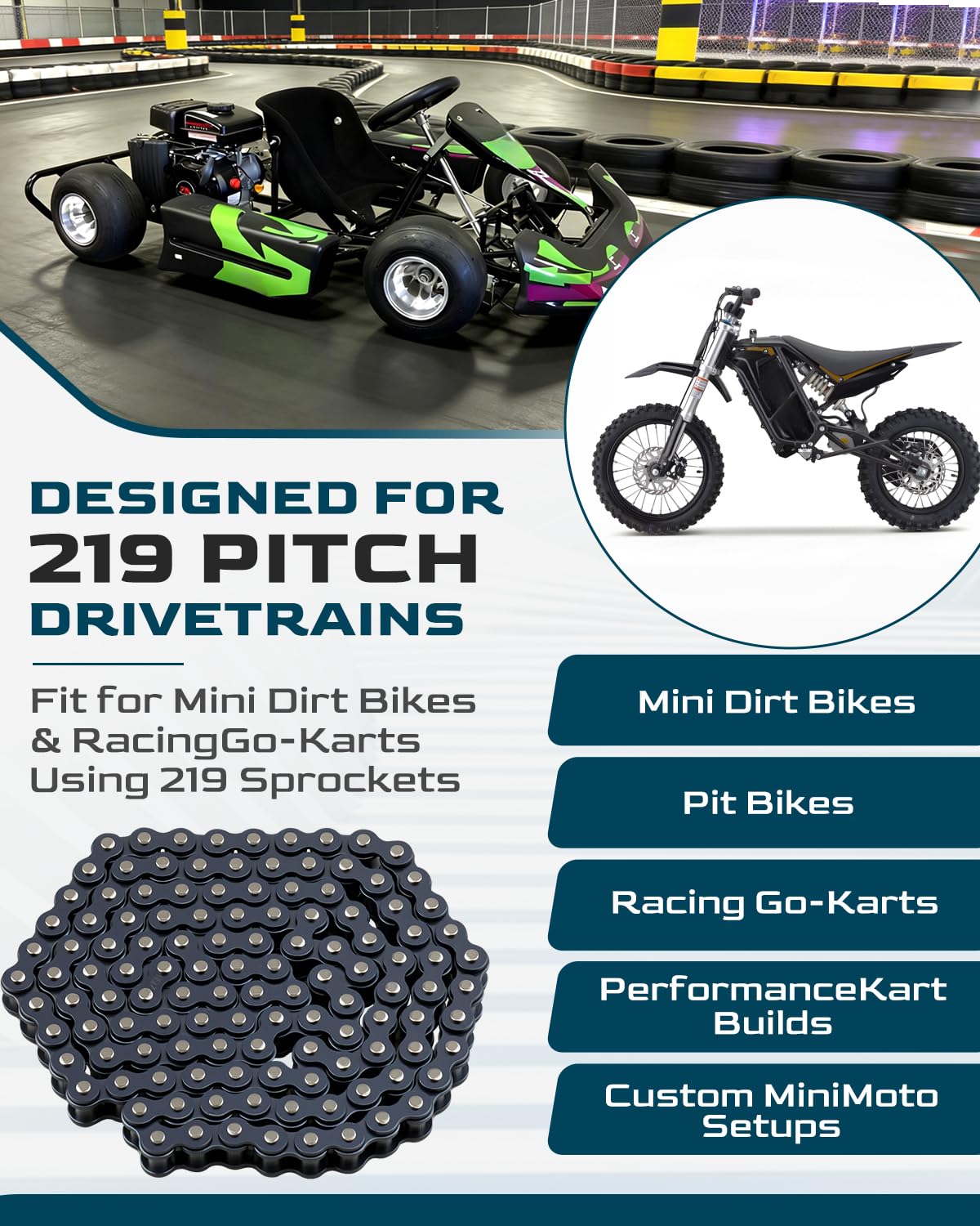 Xumdovipu chain installed on a mini dirt bike demonstrating dependable power transfer