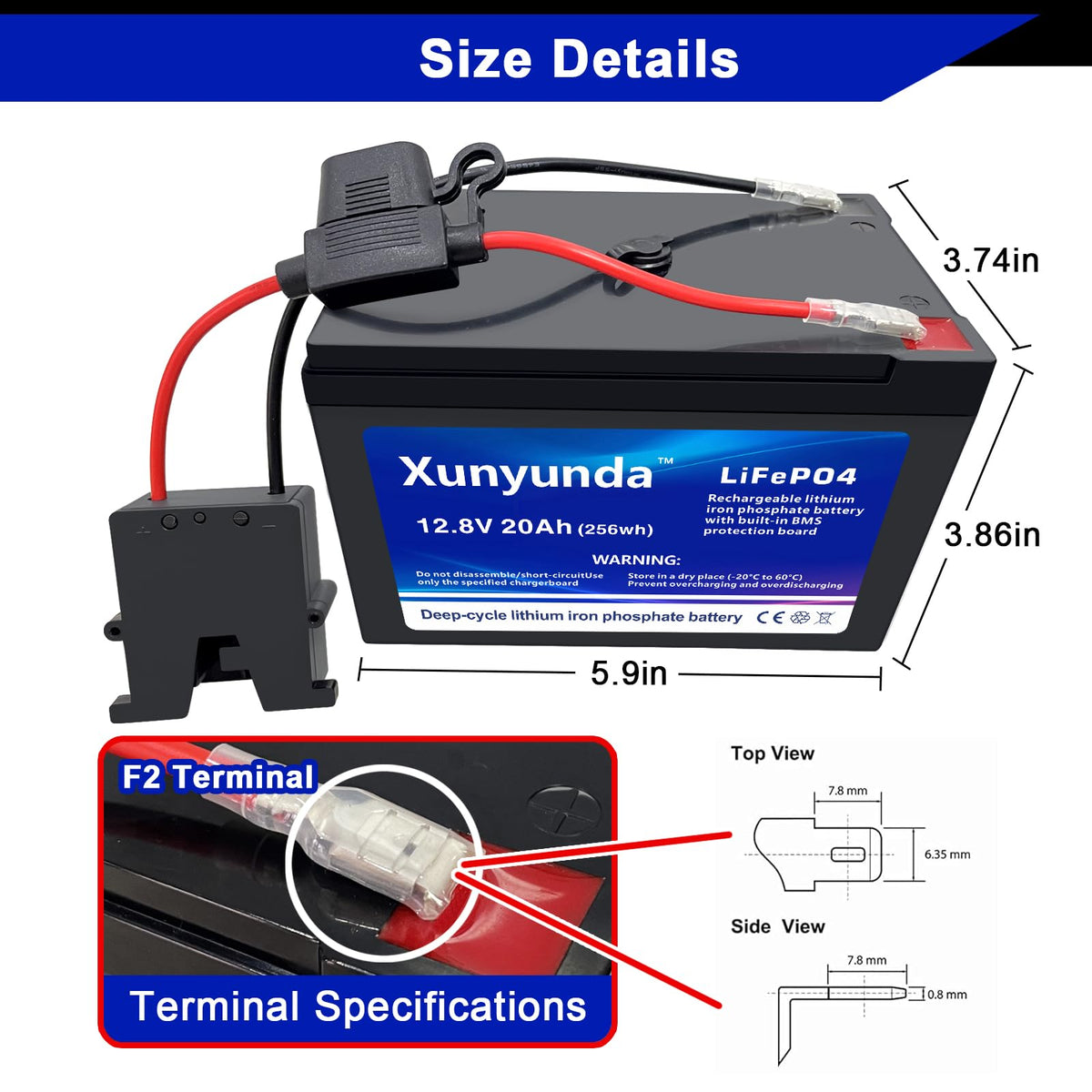 Xunyunda top terminals and label highlighting safe BMS protections and clear specs