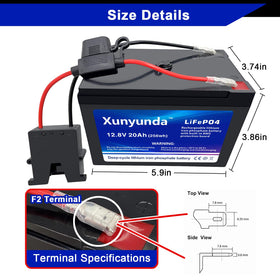 Xunyunda top terminals and label highlighting safe BMS protections and clear specs