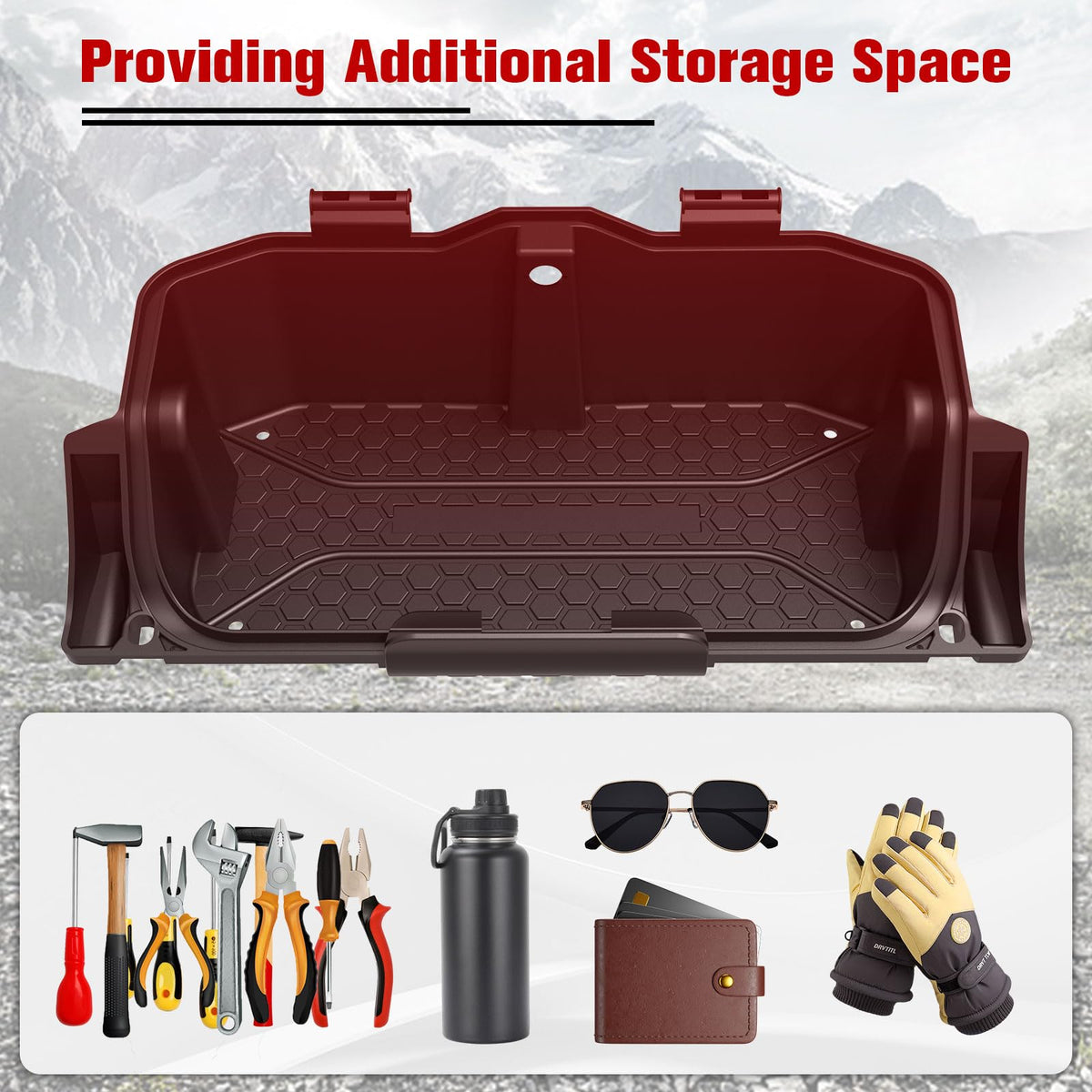 XUTVOTOR interior of storage box filled with phone gloves sunglasses showing organized storage