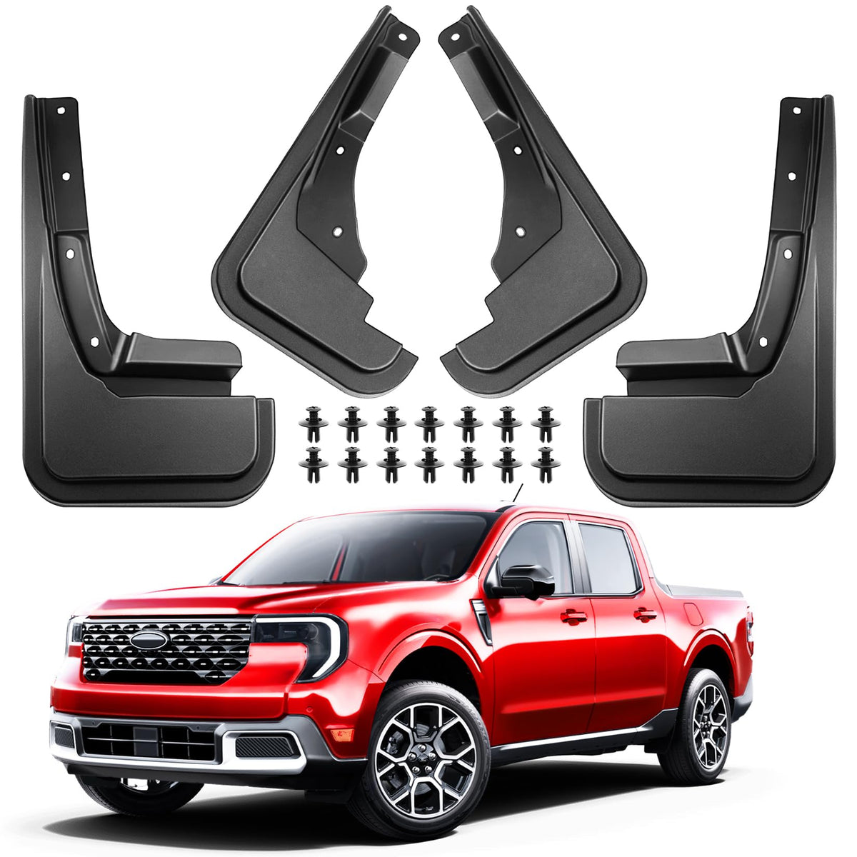 XWQZ front packaging showing four-piece mud flap kit and included hardware benefits protection