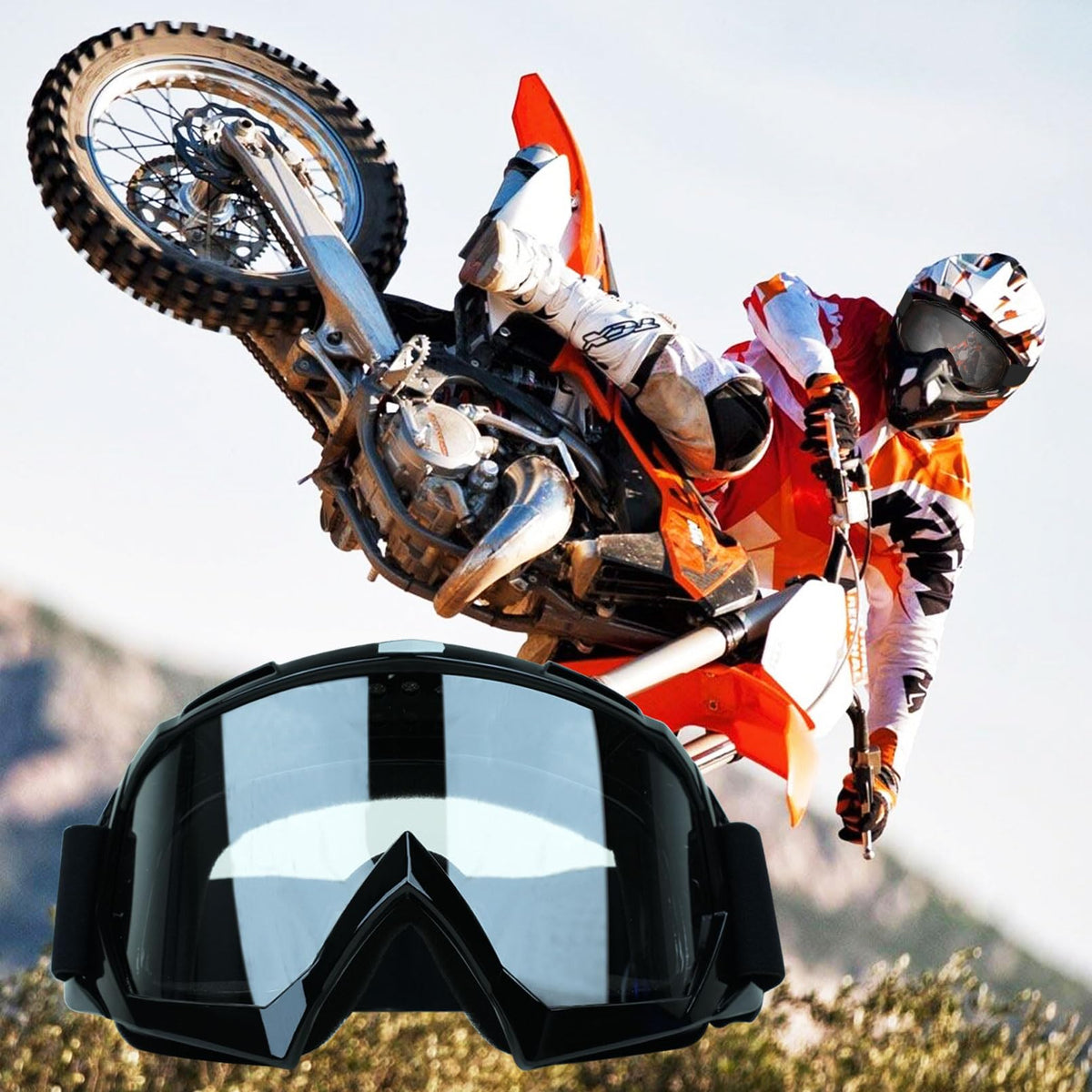 XYOP motocross rider wearing goggles demonstrating in-ride visibility benefit