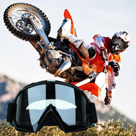 XYOP motocross rider wearing goggles demonstrating in-ride visibility benefit