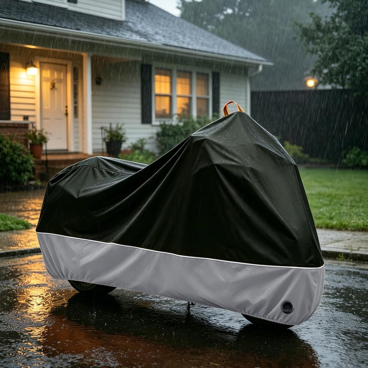 XYZCTEM lifestyle shot of covered bike in driveway for outdoor protection