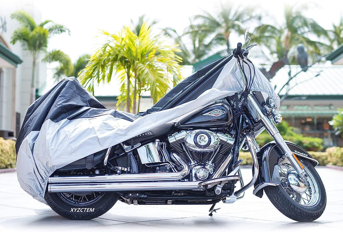 XYZCTEM side profile over bike with saddlebags showing tailored fit benefit