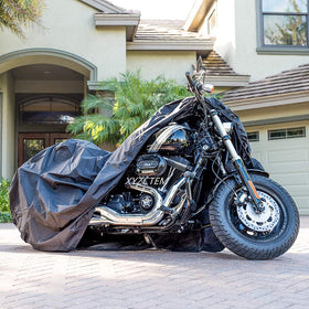 xyzctem motorcycle with measuring tape showing fit up to 108 inches for compatibility