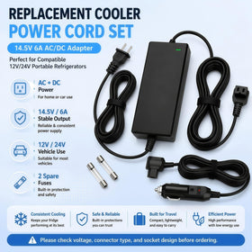XYZSRP AC adapter plugged into wall outlet powering fridge indoors, campsite convenience