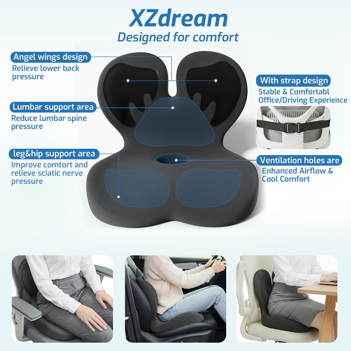 XZdream lumbar wing detail demonstrating targeted lower-back support benefit
