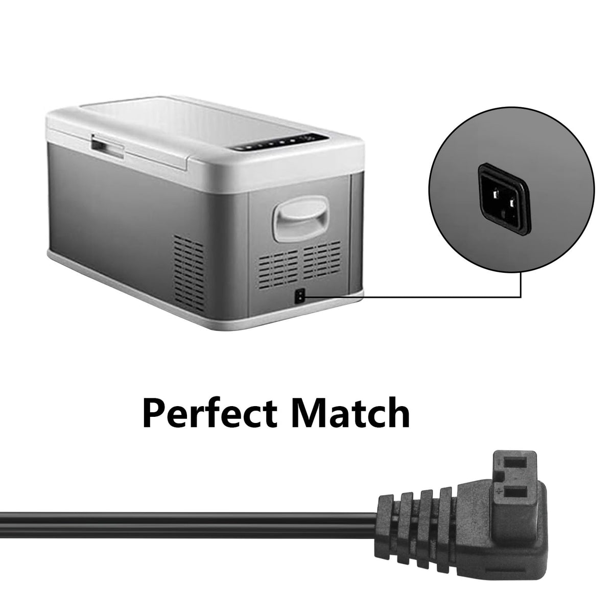 XZGm adapter plugged into countertop outlet running a portable fridge for convenience