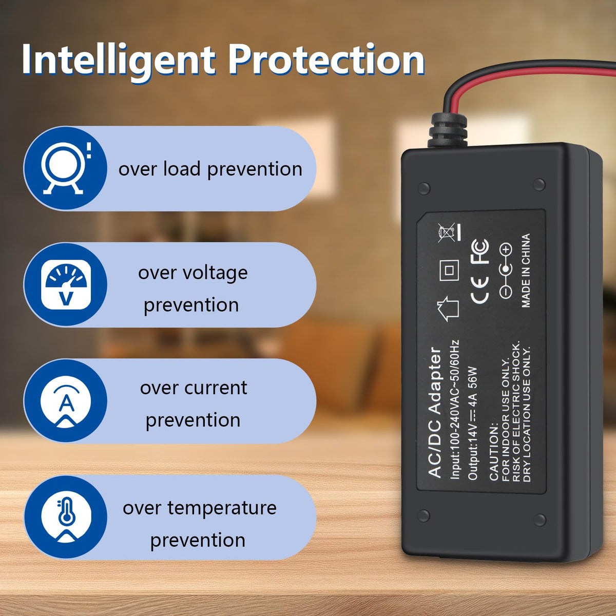 XZGm charger label and specs closeup showing 14V 4A output and built-in protections