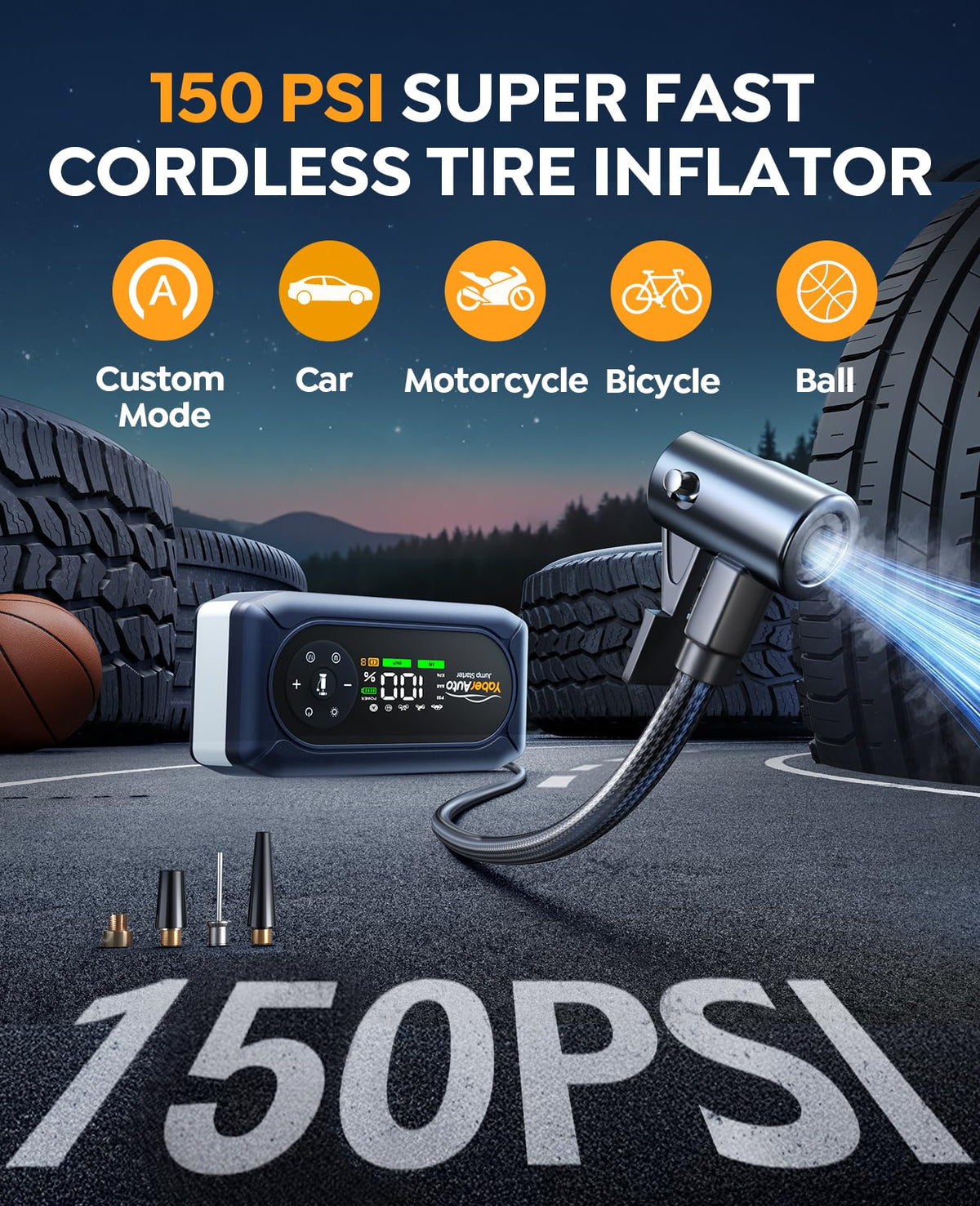 YaberAuto air compressor hose and 3.3-inch screen showing precise inflation benefit