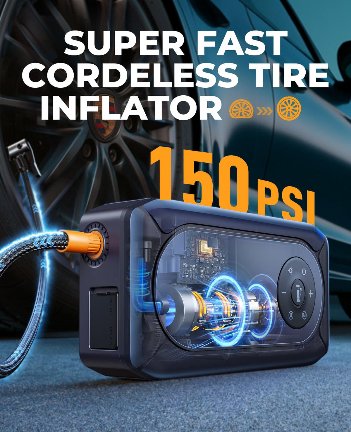 YaberAuto air compressor hose with four nozzles for fast, precise tire inflation