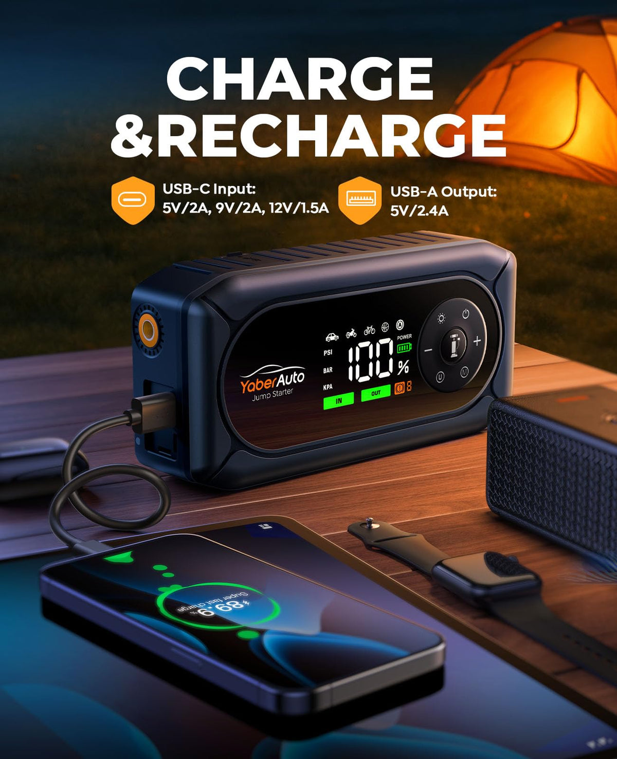 YaberAuto emergency lights active at night offering 500 lumen visibility and warning signals